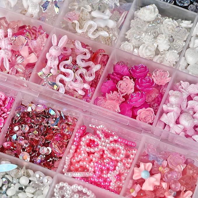 2050 Pieces 3D Butterfly Rose Flower Bow Rabbit Bear Nail Charms Kit with Nail Art Rhinestones Pearls Crystal Gems Nail Slices for Manicure DIY Crafts Jewelry Accessories (Pink Black White)