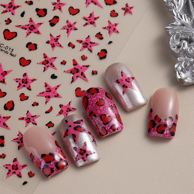Leopard Print Nail Stickers Fall 5D Embossed Nail Art Stickers Autumn Nail Decals with Stars Designs Brown Pink DIY Self-Adhesive Nail Art Supplies 4 Sheet