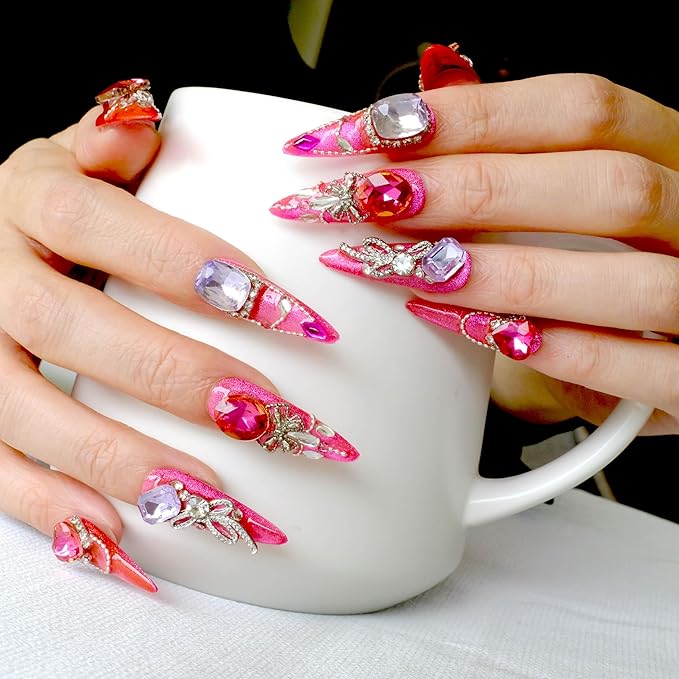 [GLORS] Luxury Press-On Nails, Pink Glitter False Nails with Rhinestones and Pearl Chain in Long Stiletto, 10 Pieces (XS, LS)