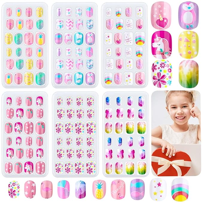 144 Pieces Press on Nails Grils, Thrilez Children Fake Artificial False Nail Tips Pre Glue Full Cover Short Acrylic Nails for Girls Kids Nail Art Decoration (Rainbow Sky)