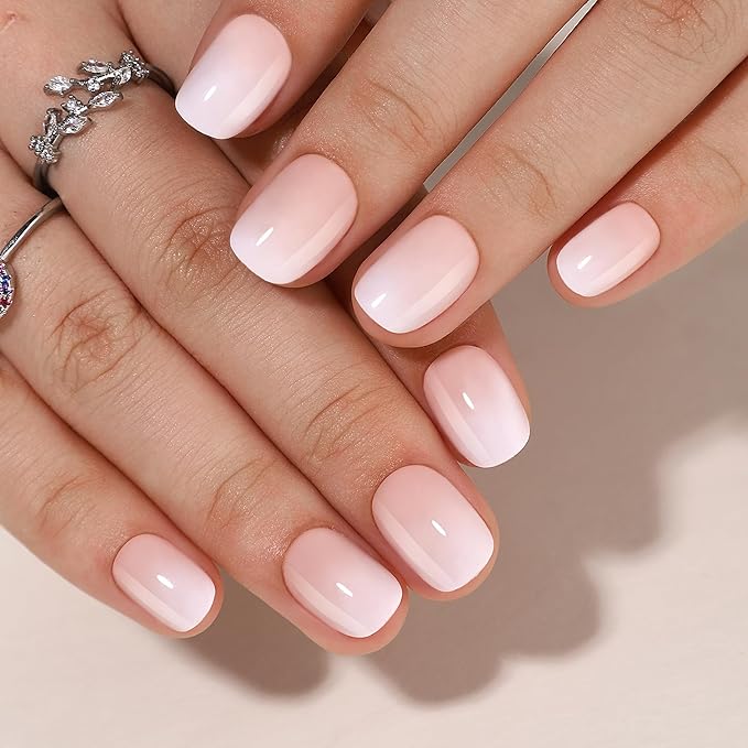 Gel Press On Nails - White Ombre Square Short Fake Nails With Glue, 16 Sizes, 32Pcs Reusable Soft Gel False Tips Kit