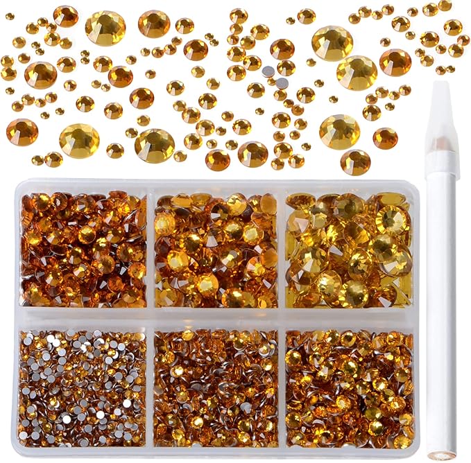 Bymitel 5000 Pieces 6 Mixed Sizes Glue Fix on Glass Rhinestones Round Crystal Gems Flatback for DIY Jewelry Making with one Picking Pen (6-Sizes 5000PCS, Topaz)