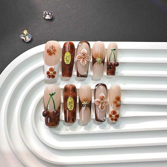 Luxury Handmade Press on Nails Glossy Amber False Nails French Tip Fake Nails with Glue 3D Flower and Charms Designs Acrylic Nails Press Ons Glossy Sparkly Full Cover Stick on Nail for Women (Size M)