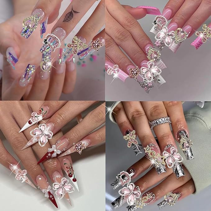 24PCS Pink Nail Charms Y2k Alloy Nail Art Rhinestone Charms 3D Heart Star Sailor Moon Nail Charms with Rhinestones Bear Cherry Nail Gems Shiny Jewelry Nail Decorations Supplies B