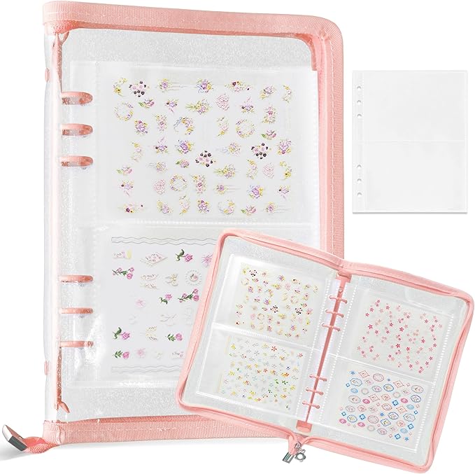 Nail Sticker Book Nail Art Organizer Display 40 Slots Sticker Storage Organizer Binder Empty Stickers Holder DIY Design Tools (pink)