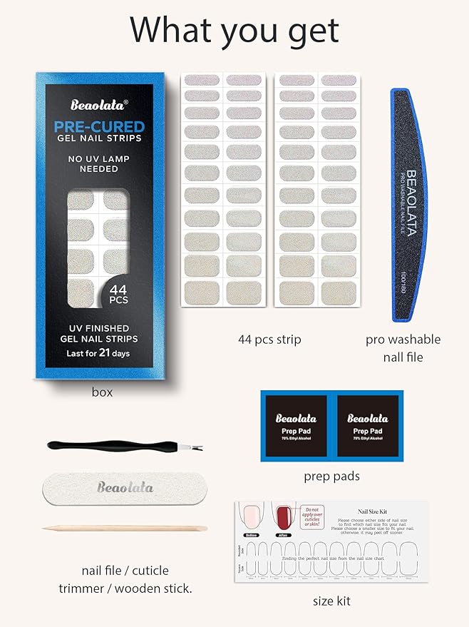 Real Gel Nail Strips (No UV Light Needed) - 44Pcs Salon Quality Nail Stickers - Long Lasting Polish Wraps for Women, Easy Apply & Remove (Moonlit Sliver)