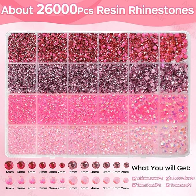 26000 PCS Pink Resin Flatback Rhinestones for Crafting, Resin Rhinestones for Bedazzling Kit, 2/3/4/5/6mm Flatback Gems Jewels for DIY Mugs Tumblers Clothing Shoes Nail Art