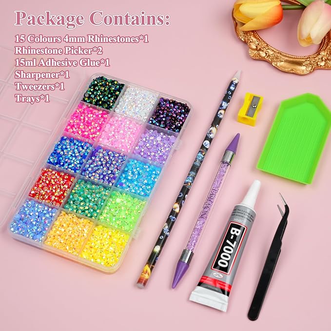 Resin Jelly Rhinestones for Bedazzling, EARLMONI Multi Colord Bedazzler Kit with 15ml B7000 Glue Rhinestone Pen Tool for Clothes Nail Art (15 Colors, 4MM)