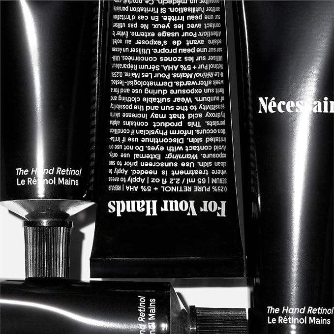 Nécessaire The Hand Retinol. Anti-Age Repair Serum. For Crepiness, Wrinkles, Spots, Brittle Cuticles. 0.25% Pure Retinol. 5% AHA. Dermatologist-Tested. Hypoallergenic. Non-Comedogenic. 2.2 fl oz.