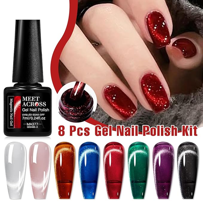 MEET ACROSS 8 Colors Magnetic Gel Nail Polish Kit With Magnetic Stick, All Season Colors Cat Eye Gel Polish, Long-Lasting Cat Eye Nail Gel for Salon Home Nail Art Manicure