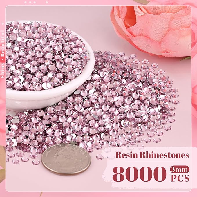 8000PCS 3mm Resin Rhinestones in Bulk (Light Pink), Bedazzling Flatback Crystals Rhinestones for Crafting DIY Nail Decoration, Gems Diomand Charms for Tumbler Shoes Clothing Fabric