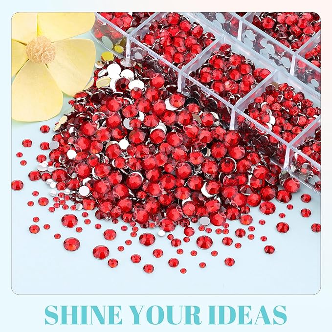 12100Pcs Red Rhinestones Craft Kit with 3Pcs 10ml B7000 Jewelry Glue, 2 Boxes Flatback Crystals for DIY Nail Art, Resin Gems for Clothing Shoes
