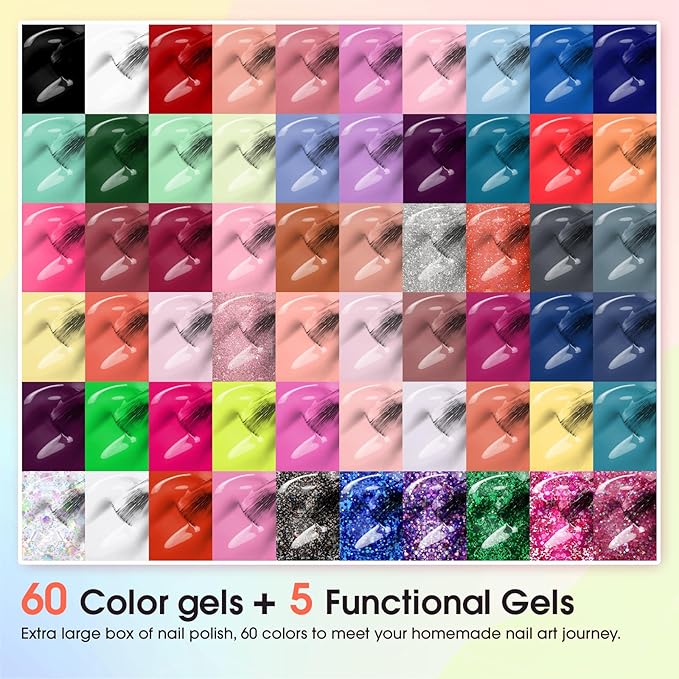 ROSALIND 65PCS Gel Nail Polish Set, 60 Colors Glitter Red Gel Polish with 5 Bottles of Base and Glossy Matte Top Coat Soak off Nail Set Suitable for All Seasons