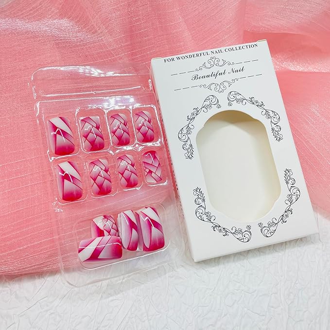 Square Press on Nails Medium Fake Nails with Designs Red Lines Stick on Nail Retro Red Gradient Acrylic False Nail Glossy Artificial Nail Full Cover Glue on Nails for Women