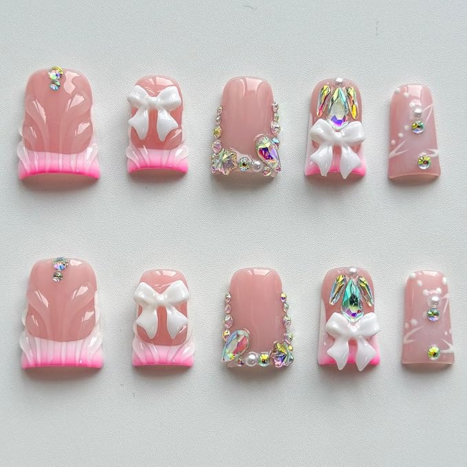 Luxury Press on Nails Short Duck Handmade 3D Unique Reusable ABS Material Fake Nails Pink French Tip False Nails with Designs Bow Rhinestones Glossy Glue on Nail Thick Acrylic Nail(S)