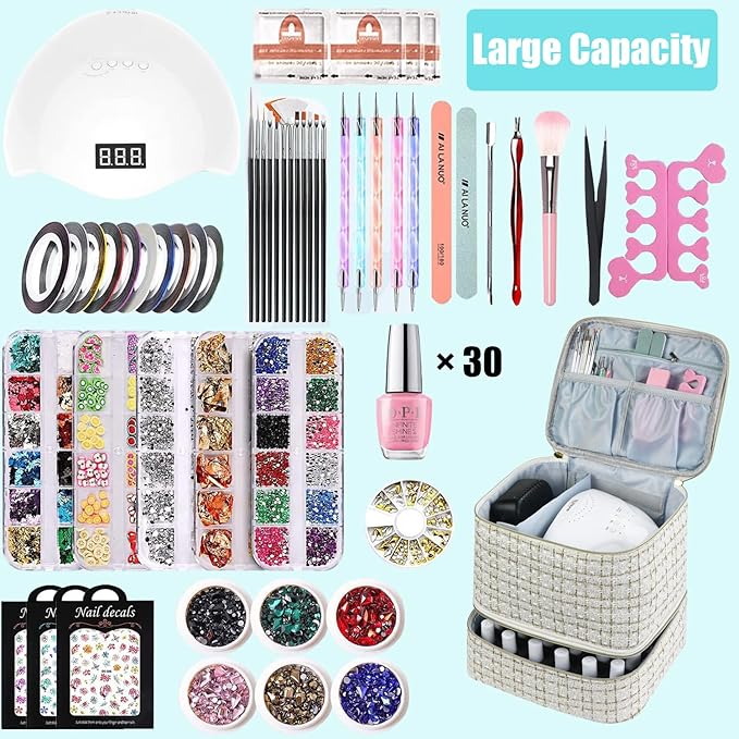 CTWWFS Nail Polish Organizer and Nail Lamp Case, Nail Kit Organizer Holds 30 Bottles (15ml - 0.5 fl.oz) and a Nail Lamp, Nail Polish Carrying Case with Manicure Tools Storage Sections (A-White)