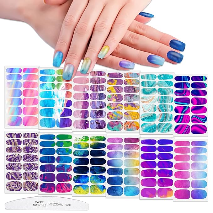 WOKOTO 12 Sheets Blooming Gradient Nail Polish Strips For Women Nail Art Wraps For Nails, Colorful Graffiti Marble Nail Stickers Gel Nail Strips Press On Nail Polish Stickers For Women Girls