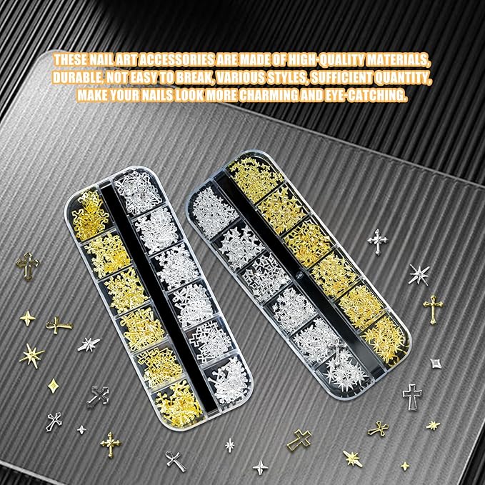 Gold Silver 3D Nail Charms, 2Boxes 24Grids Bow Star Nail Gems Nail Studs,Punk Metal Alloy Rivet Stickers Bowknot Nail Art Decorations Accessories for Nail Art Design DIY Crafts (Gold Silver D)