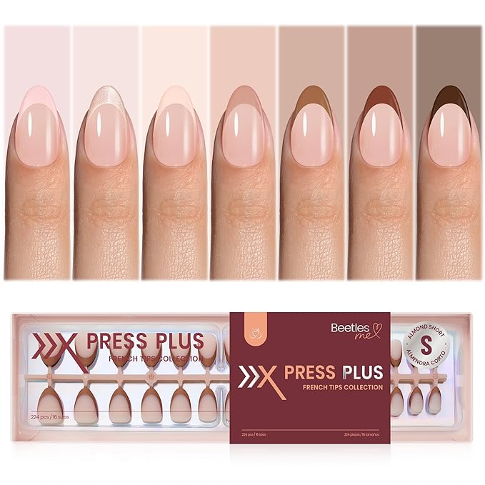 Beetles French Tip Press On Nails - Cocoa Mousse French | 7 Colors Short Almond Press On Nails Brown | 16 Sizes 224 Pcs Natural Salon Quality For Winter Nails
