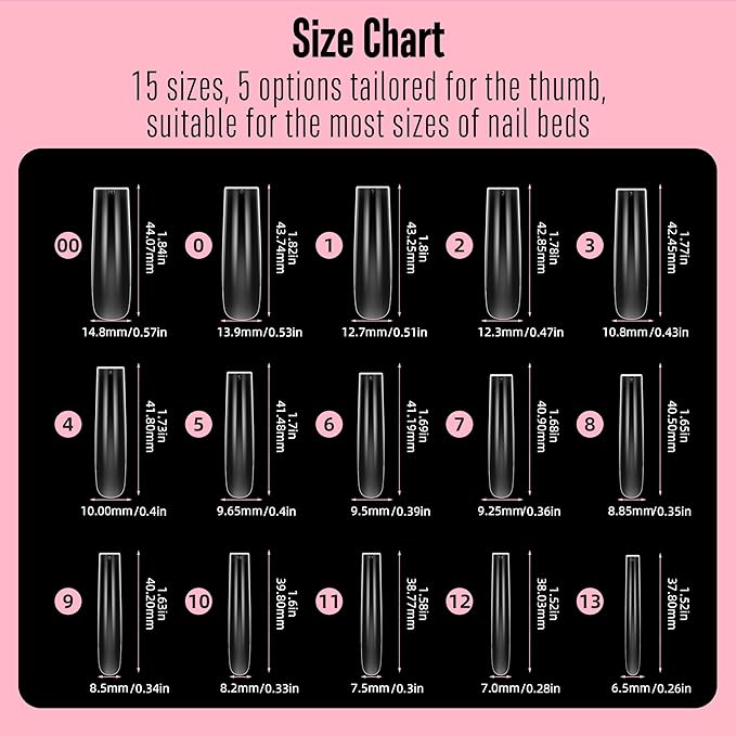 NOVO OVO Sculpted XXL Square Nail Tip for Curved Nail Beds, Extra Thick Long False Nails Press on, Full Cover Soft Gel Extension Fake Nail for Acrylic kit, Clear X 15 Sizes 300pcs