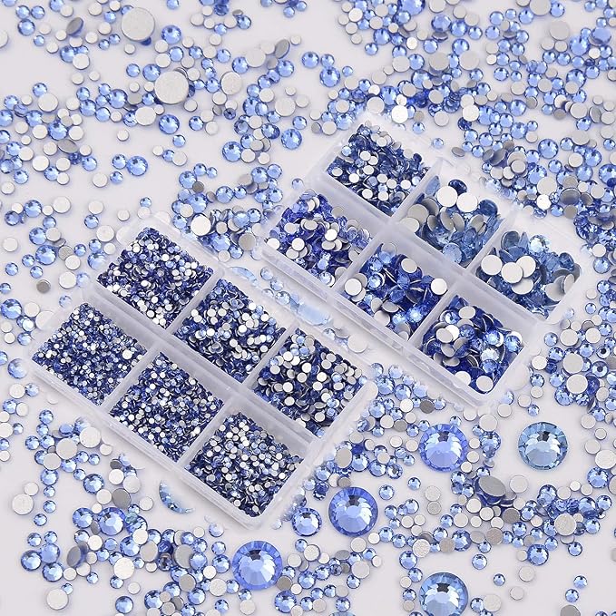 NCB 8000pcs Non Hotfix Rhinestones 10 Sizes Flatback Crystal Glass Rhinestones with Tweezers and Picking Pen for Nail Art Clothes Bags Phone Decorations Crafts DIY (005 Lt. Sapphire Mix SS3-SS30)