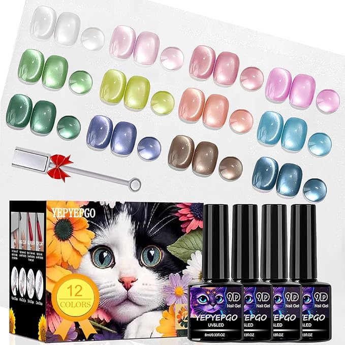 Glass Cat Eye Gel Nail Polish Set 12 Colors, Ceramic Magnetic Cats Gel Polish with Magnet Stick, Jelly Silk Velvet Crystal Effect Sock Off Nail Art Spring Summer Colors Manicure Gift Set for Women