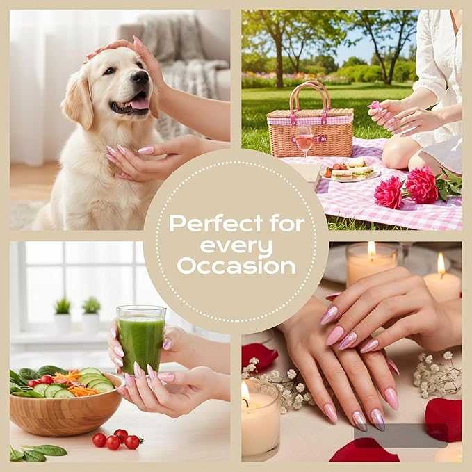 Acrylic Press On Nails Almond - Iridescent Pink Glow False Nails Elegant Durable Salon Quality for Work or Date, 24 Nails in 12 Sizes with Glue, Tabs, File, Prep Pad, Stick