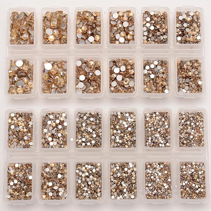 10000 Pieces Rhinestones 6 Sizes Round Crystal Glass Flat Back Rhinestones with 1Tweezers and 1Picking Pen for Nail Art Crafts Clothes Bags DIY (Gold Champagne)
