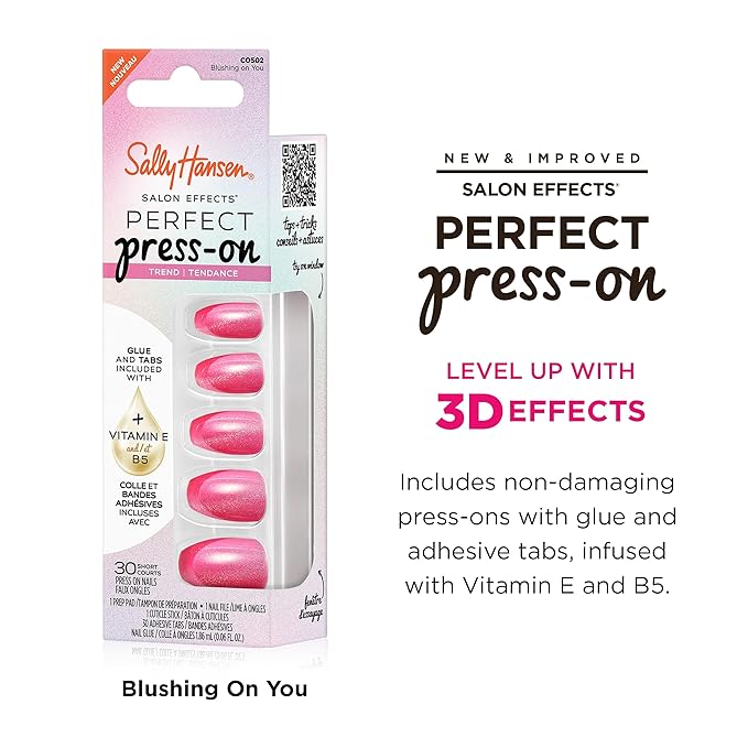 Sally Hansen Salon Effects Perfect Press-On Pink Nails | Coffin Shape, 3D Design | Easy to Apply, Non-Damaging, Vitamin E & B5 | 30 Nails, Nail Glue, Adhesive Tabs, File| Coquette-Me-Not