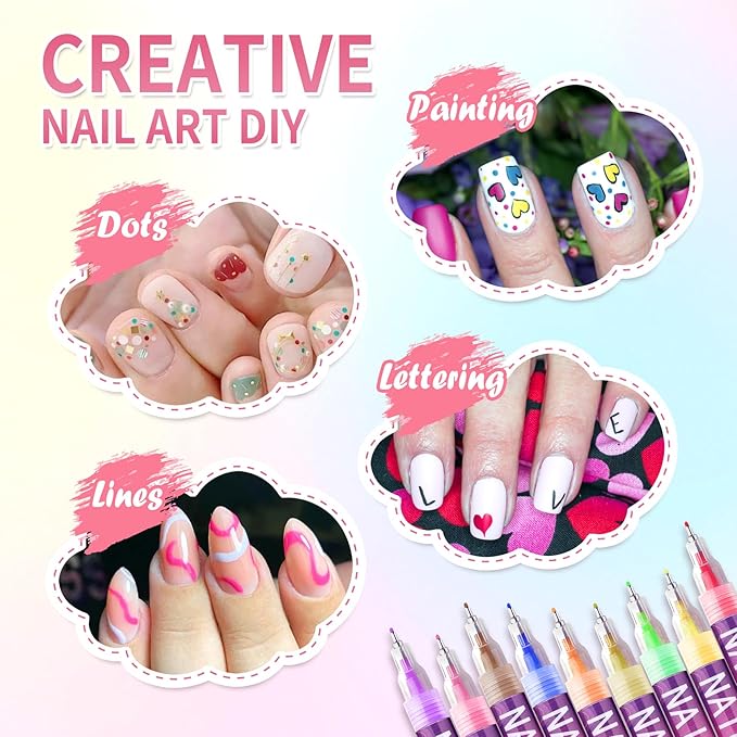 12 Colors Nail Art Pens Set for Girls,Quick Dry Nails Doodle Pens for Girls,Nails Art Marker Pen Fine Tip for Home Salon Nail Art（0.5mm Pen Nib）