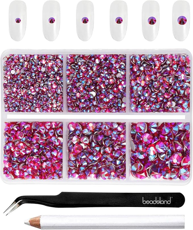 Beadsland 4300pcs Flatback Rhinestones, Red AB Rhinestone Nail Gems Round Crystal Rhinestones for Crafts,Mixed 6 Sizes with Picking Tweezers and Wax Pencil Kit, SS6-SS20, Light Siam AB