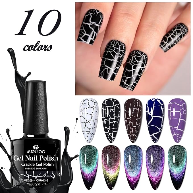 12PCS Crackle Gel Nail Polish + 9D Cat Eye Gel Polish Set Magic Black Crackle Nail Polish Magnetic Cat Eye Effect Manicure DIY Nail Art 10 Colors