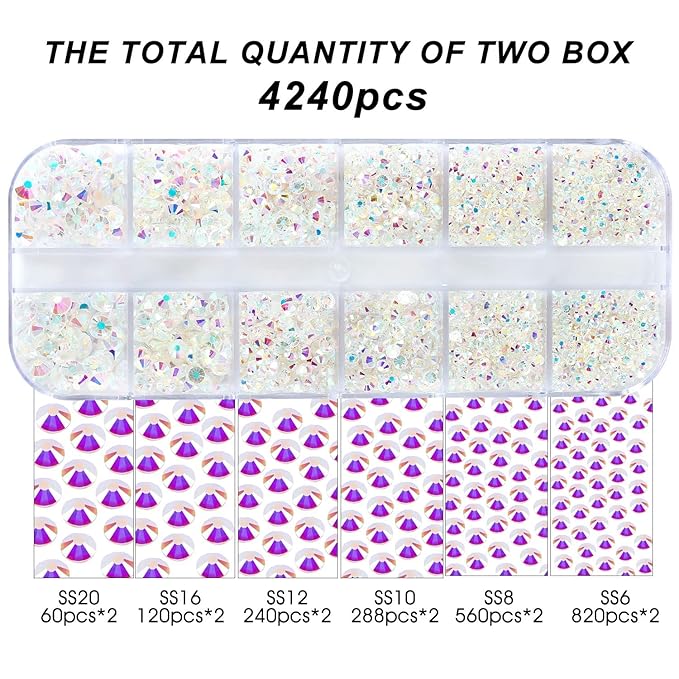 4240Pcs Transparent Ab Flatback Rhinestones 6 Sizes Crystal Diamonds for Nail Art Crafts Clothes Shoes with Tweezers and Picking Pen
