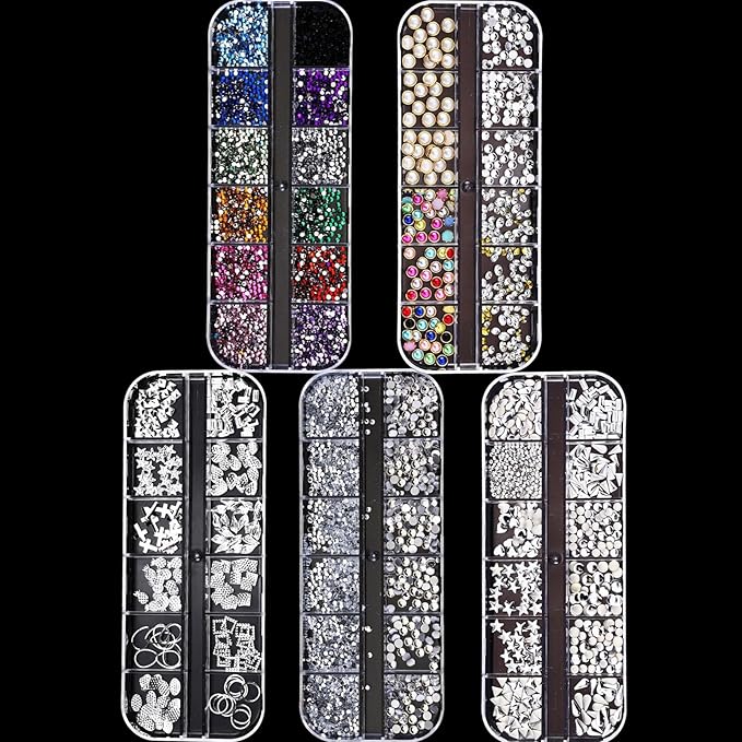 Silver Nail Charms Nail Art Kit with 30 Sheets Silver Nail Stickers, 5 Boxes of Nail Gems Nail Art Tools Nail Rhinestones for Nails, Nail Supplies 3D Nail Charms and Gems Nail Decals Nail Pearls