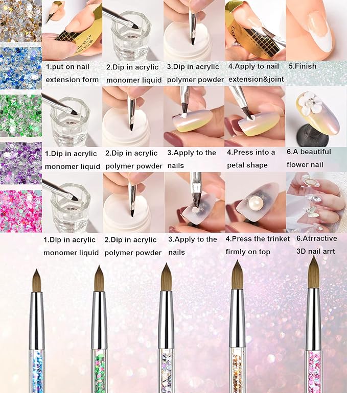 BeGlory 5PCS Acrylic Nail Art Brushes Set - Nylon Round Head - Pink, Gold, Silver, Blue, Green Handles - Manicure & Pedicure Tools