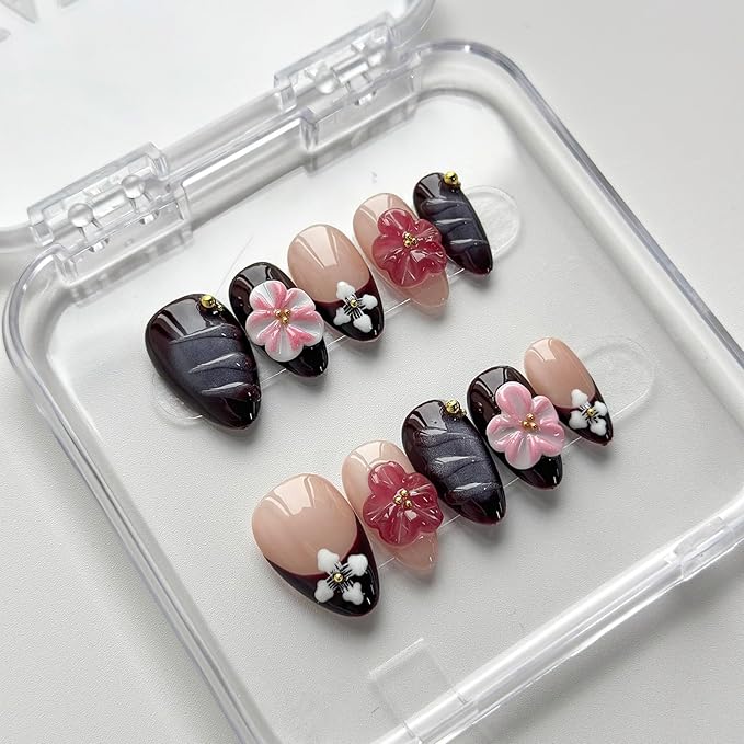 Luxury Press on Nails Short Almond Handmade 3D Unique Reusable ABS Material Fake Nails French Tip Purple False Nails with Designs Water Ripple Flower Glossy Glue on Nail Thick Acrylic Nail(M)