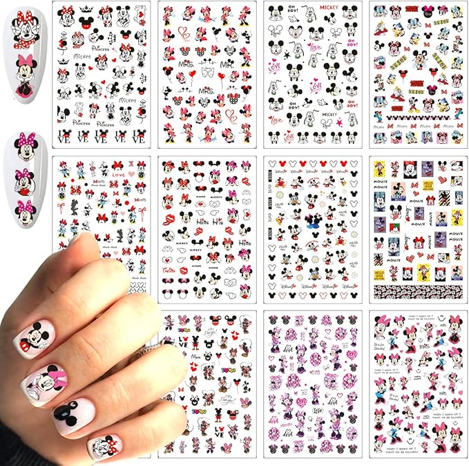 Cartoon Nail Art Stickers, 3D Self-Adhesive Cute Cartoon Nail Decals Designer Nail Stickers for Women DIY Nails Design Foil Decals for Acrylic Nails Decoration Supplies 12 Sheets