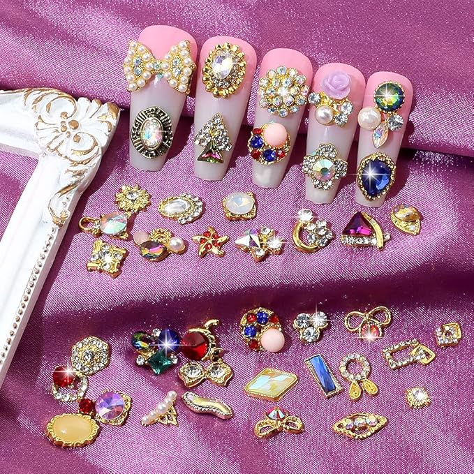 50pcs 3D Gold Nail Charms for Acrylic Nails Mix Styles Rhinestones for Nails Metal Nail Jewels for Nail Art Shiny Zircon Nail Rhinestones Alloy Nail Charm Pearl Nail Gems Cute Charms for Nails Design