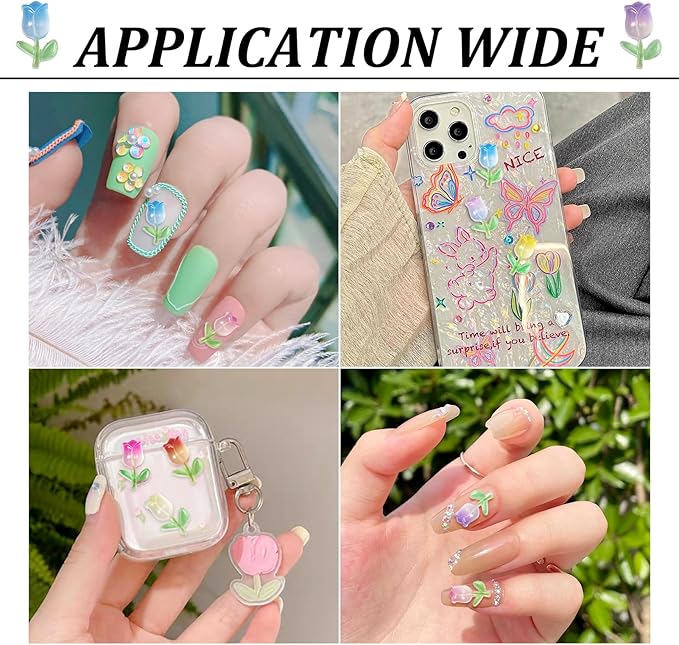 Pandahall 160Pcs Tulip Flowers Luminous Nail Charms Glow in the Dark Resin Floral Nail Charms 3d Flower Nail Art Rhineston 8 Colors for Women DIY Nail Decorations Design