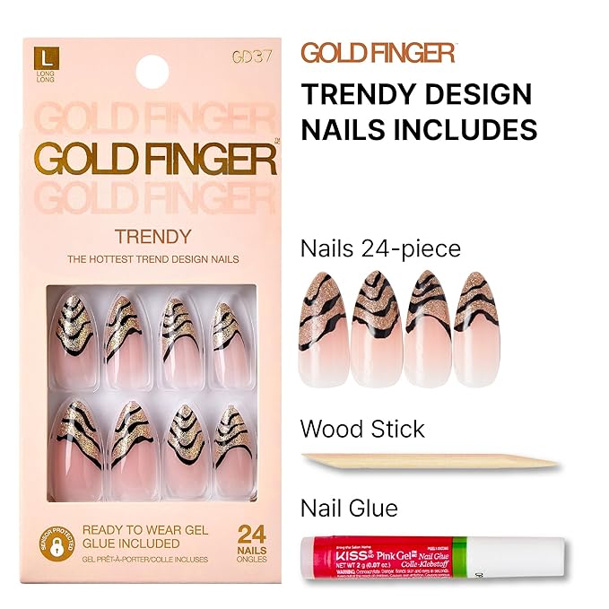 Goldfinger Trendy False Nails Kit, Long Almond Shape Design Nail, Elegant Nude Stripes Print, Ready to Wear Gel & Manicure Stick Included, Long-Lasting Convenient & Easy to Apply