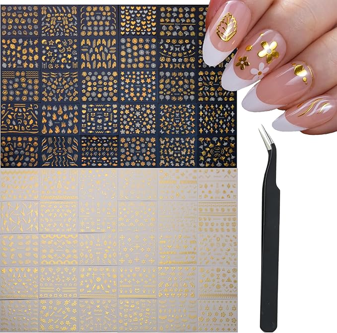 60 Sheets Gold Nail Stickers for Nail Art with Tweezers Gold Flower Star Moon Nail Art Decals 3D Self-Adhesive French Nail Art Supplies Nail Design Decals for Women Manicure