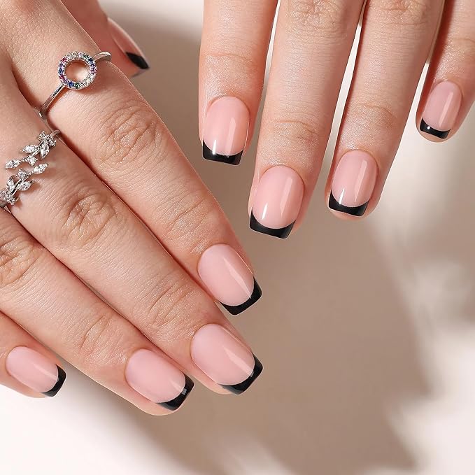 Press On Nails - Eclipse | Black French Tip, UV Finish Short Square Nails, Reusable | 32 Nails, 16 Sizes Kit with Glue and Adhesive Tabs I Female Founded