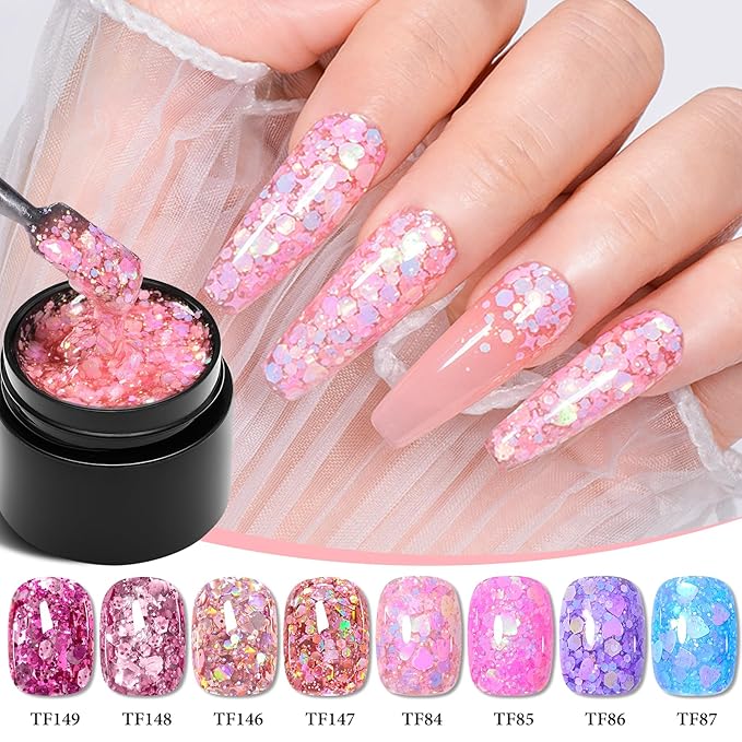 MEET ACROSS 9Pcs Glitter Gel Nail Polish Set with Nail Brush, 8 Colors Including Pink Blue Purple Sequins Gel Polish for Nail Art DIY Manicure Gift for Women