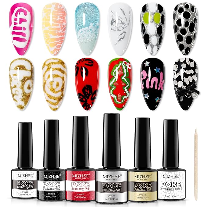 MIZHSE Poke Gel Nail Polish Set, with Professional Poke Foundation Gel, Multifunctional Drawing Painting Nails Art Design Classic Colors Lace Letter Wave Flower Manicure DIY Home Gift for Women