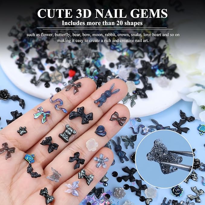 100 Pieces 3D Resin Butterfly Bear Nail Charms Rose Flower Peach Skirt Bow Deer Snake Rabbit Animal Shaped Nail Art Rhinestones Pearls for DIY Nail Art Decoration Making Craft (Black)
