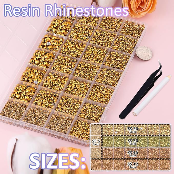 30000Pcs Resin Rhinestones for Bedazzling with Tweezers, Mine Gold Rhinestones for Crafting with 3Pcs 10ml B7000 Jewelry Glue for DIY Crafts Clothing Tumblers Shoes Fabric Nail Art