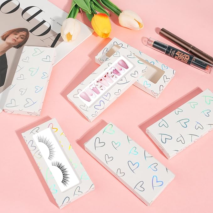 74PCS Press on Nails Packaging Box Set Includes 35PCS Empty Nail Package Box 35PCS White Background Paper 1 Double Sided Tape and 3 Thank You Stickers for Press on Nail Business