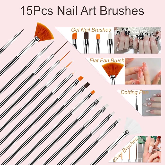 MYR 34Pcs Nail Art Brushes, Nail Art Brush Set, Nail Art Tools, including Nail Design Brushes, Nail Dotting Tool, Nail Drawing Pens, Nail Brush Brackets, Nail Nano Polishing Rubs