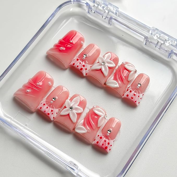 Luxury Press on Nails Short Duck Handmade 3D Unique Reusable ABS Material Fake Nails Pink French Tip False Nails with Designs Flower Rhinestones Polka Dots Glossy Glue on Nail Thick Acrylic Nail(S)
