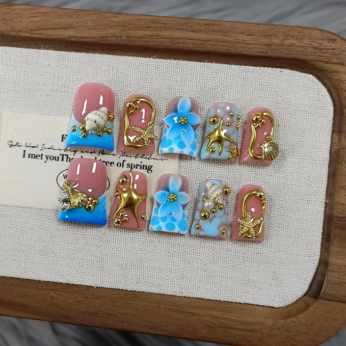 Handmade Duckbill Press on Nails - Ocean Blue Gold French Tips 3D Sea Shell Design Hand Painted Glossy False Nails for Women Girls- Acrylic Duck Shape Glue on Nails for Vacations Gifts(S)